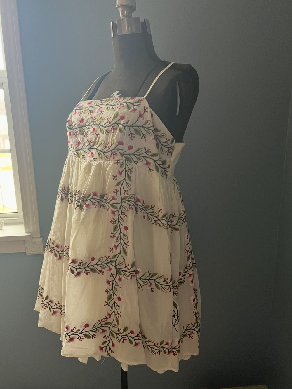 Anthropologie White Dress with Pink Floral Embroidery